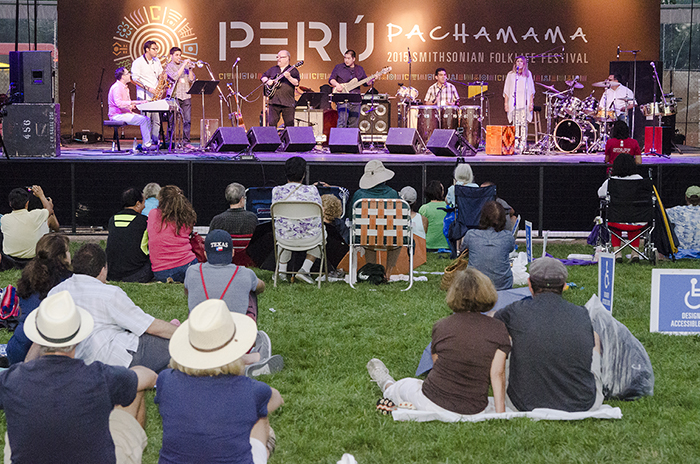 Friday night Alex Acuña rocked the Ralph Rinzler Concert Stage with his percussive mix of American jazz and Peruvian dance music. Photo by Josh Weilepp, Ralph Rinzler Folklife Archives